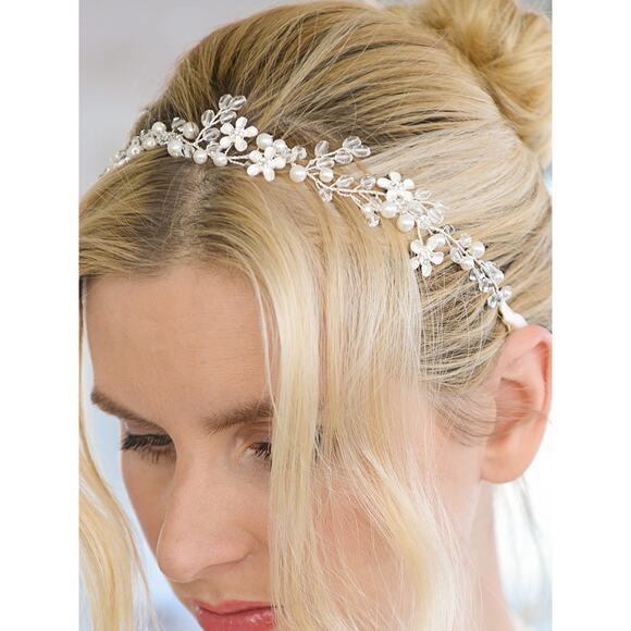 Pearl & Crystal Floral Bridal Headband – Handmade Hair Vine Tiara - Picture 1 of 7